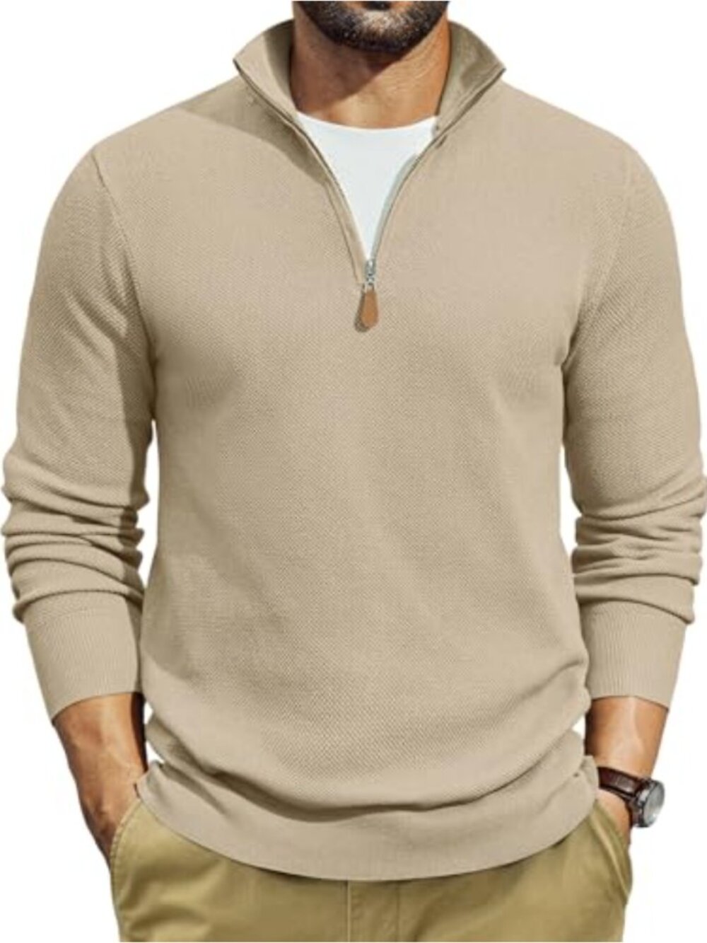 Men's Quarter Zip Pullover Textured Knit Sweater Long Sleeve Mock Neck